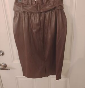 Elegant Brown Faux Leather Paper Bag Pencil Skirt.